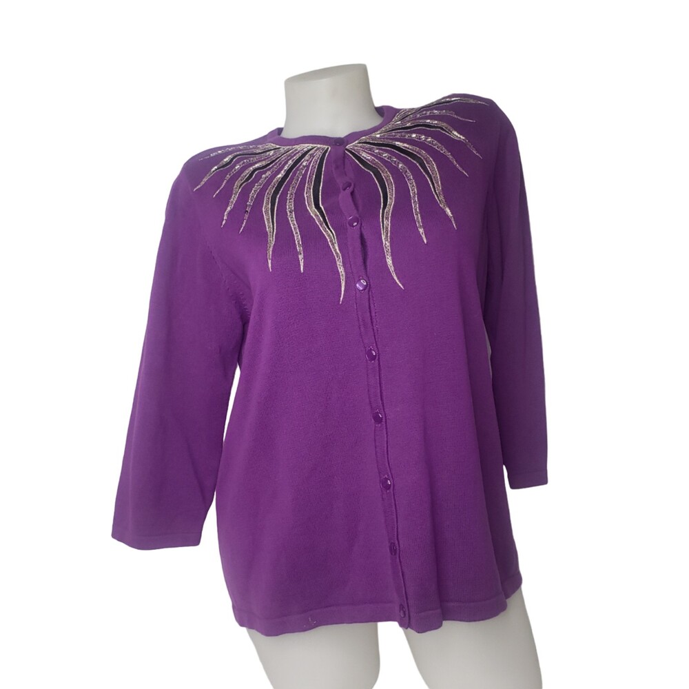 BOB MACKIE Wearable Art Purple Crew Neck Beaded Cardigan Size Large